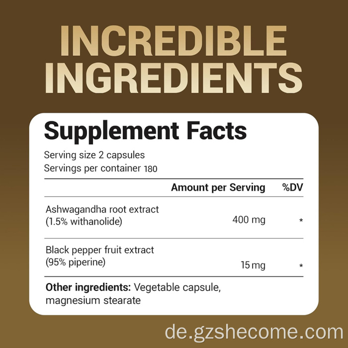 Ashwagandha -Kapseln Ergänzung zur Unterstützung der Stressreaktion